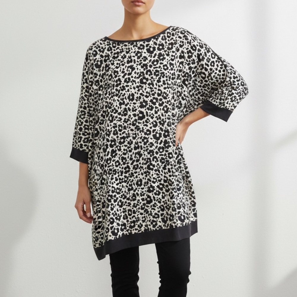 Sympli Black and White Leopard-Print Tunic with Black Trim